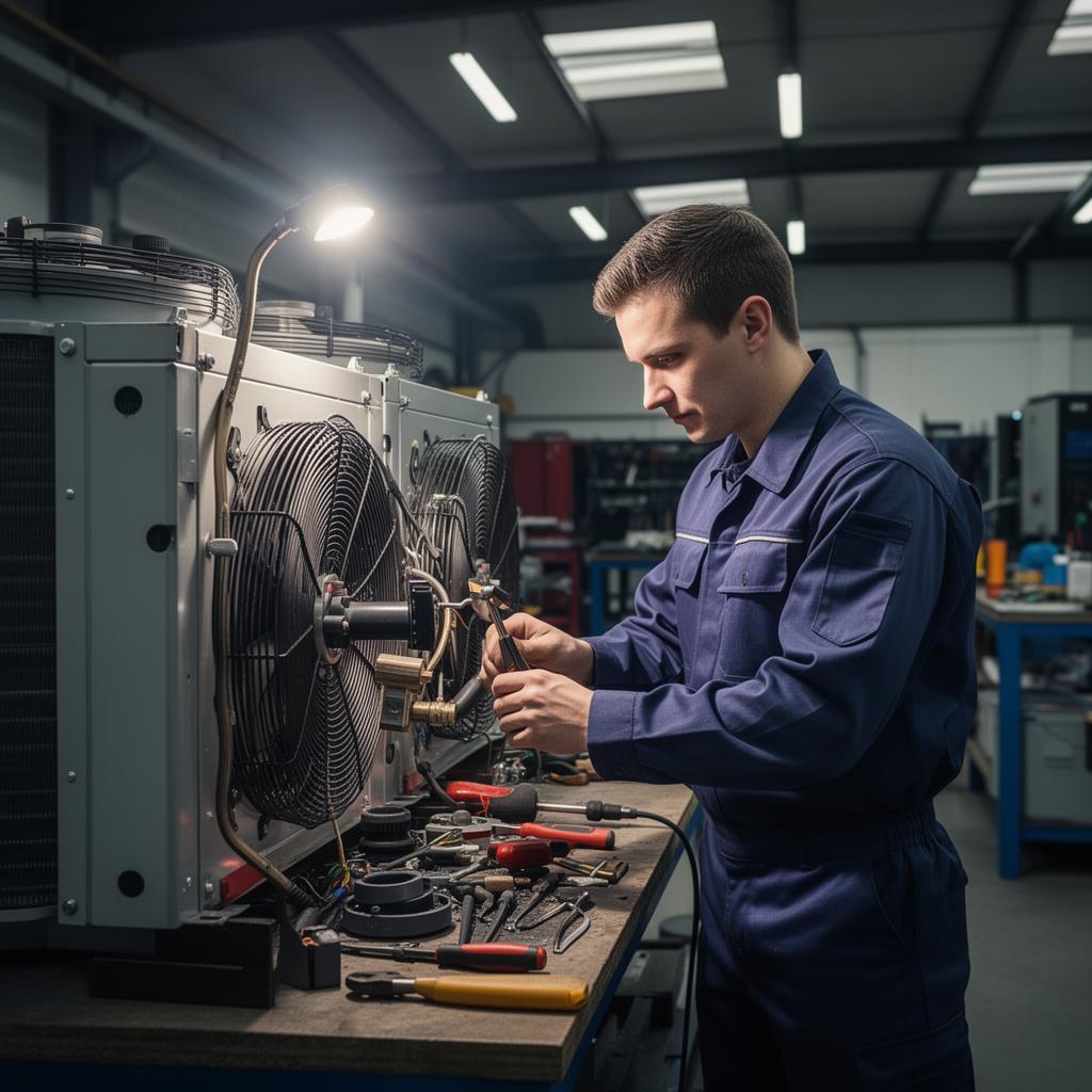 Técnico profesional de Servima Dominicana reparando equipo industrial